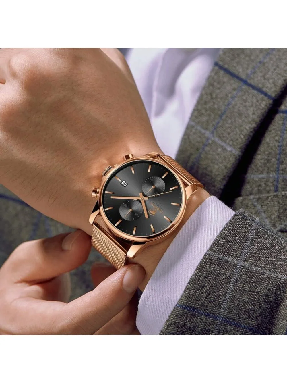 Men's Rose Gold Black Mesh Stainless Steel Minimalist Analog Chronograph Watch